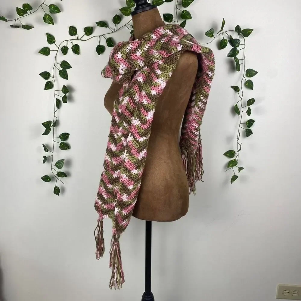 Handmade crochet scarf pink green brown fairy cottage book girlie preppy twee